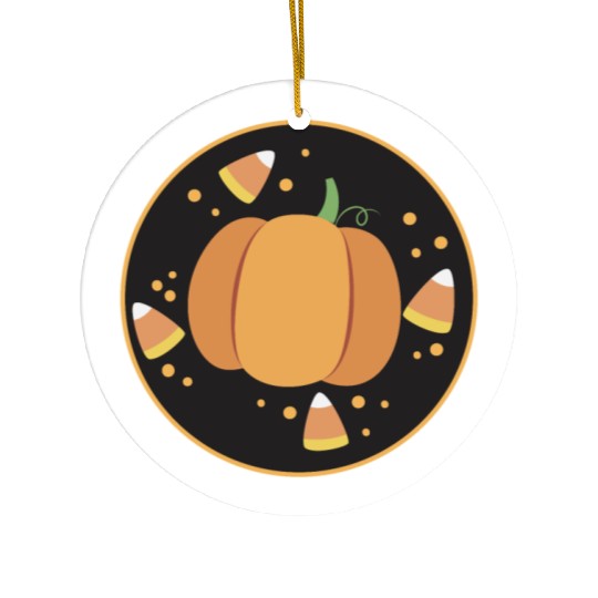 Pumkpin on a circle with candy corn Ceramic Ornaments