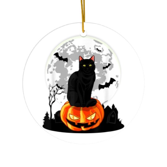 Black Cat On Pumpkin Ceramic Ornaments Full Moon Halloween