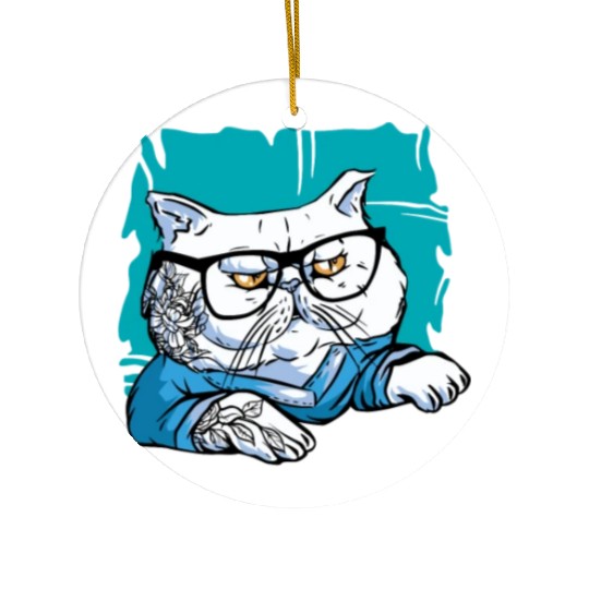 Stylish Nerd Persian Cat Beanie Glasses Tattoo Ceramic Ornaments