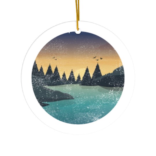 Retro River With Forest And Birds In The Sunset Ceramic Ornaments