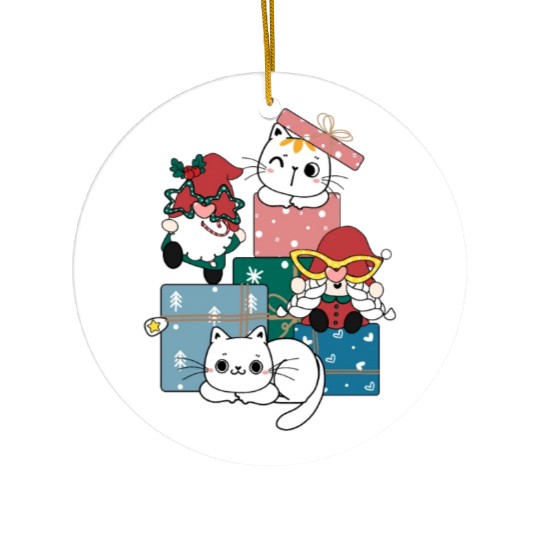 cute gnome and kitty cats on present gift box Ceramic Ornaments