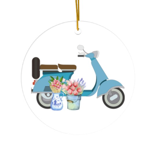 Blue Retro Scooter With Tulips Art Design Ceramic Ornaments