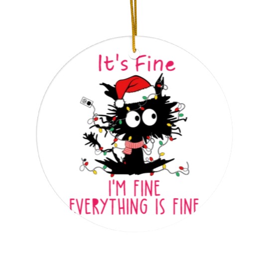 Everything's Fine Black Cat Tangled in XMAS Light Ceramic Ornaments