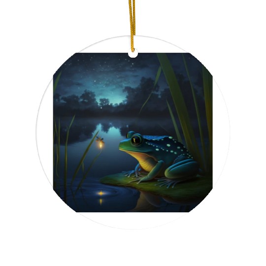 Frog and Firefly Friends on the Pond at Night Ceramic Ornaments