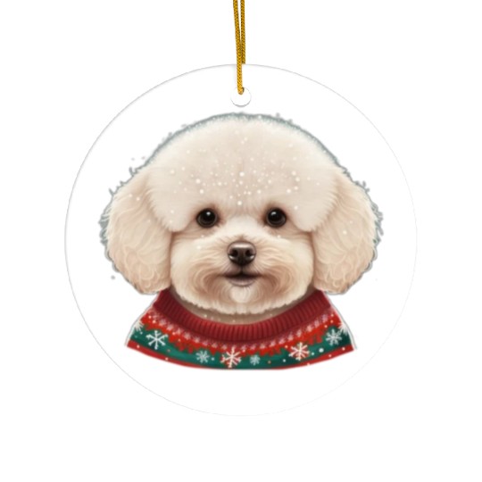Festive Bichon Frise in a Christmas Sweater Ceramic Ornaments