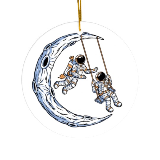 Astronauts on swing on moon Ceramic Ornaments