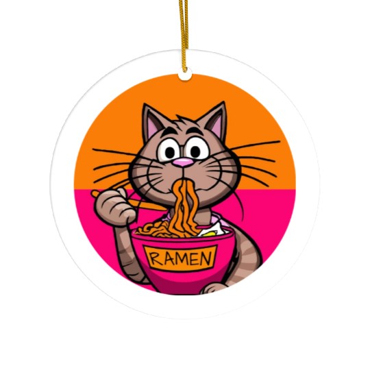 Colorful Ramen Cat Orange and Pink Ceramic Ornaments