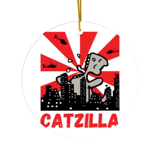 Catzilla funny cat Japanese Sunset Ceramic Ornaments