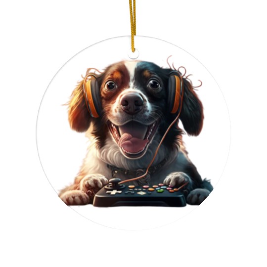 Funny Dog Playing Video Game Ceramic Ornaments