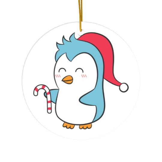 Cute Penguin with Christmas Hat and Candy Cane Ceramic Ornaments