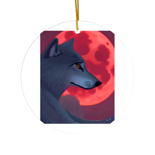 A Grey Wolf Staring at a Blood Moon Ceramic Ornaments