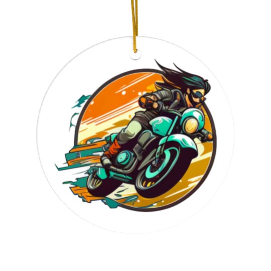 Man Riding Green Motorcycle Ceramic Ornaments