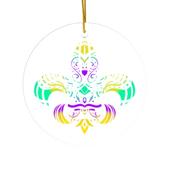 Purple, Green And Golden Patterned Fleur De Lis Ceramic Ornaments