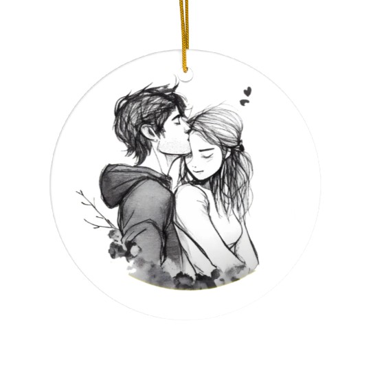 Romantic couple embrace lovingly ink Ceramic Ornaments