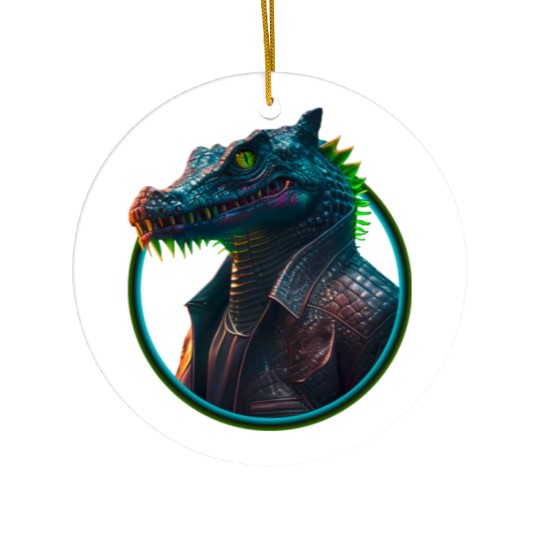 Neon punk crocodile in leather jacket Ceramic Ornaments