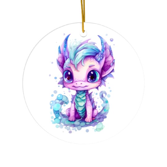 Cute aqua and purple watercolor dragon Ceramic Ornaments