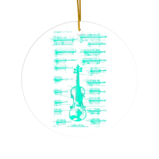Teal Neon Da Vinci violin blueprint Ceramic Ornaments