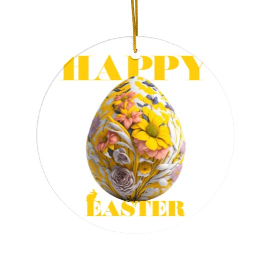 Happy Easter Egg Design with Floral Elements Ceramic Ornaments