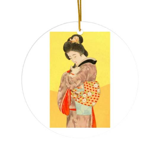 Geisha in Kimono with Cat Retro art Ceramic Ornaments