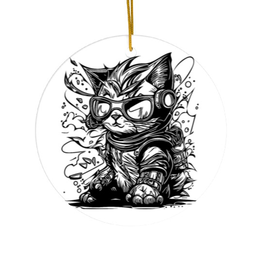Little Cool Space Cat Splash Tattoo Style Ceramic Ornaments