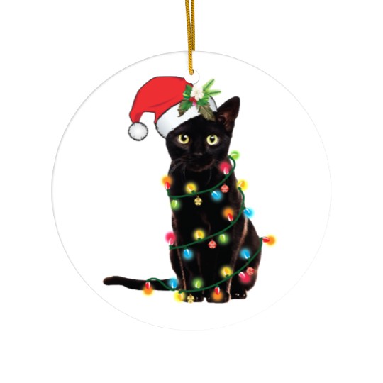 Black Santa Cat Tangled Up In Lights Christmas Ceramic Ornaments