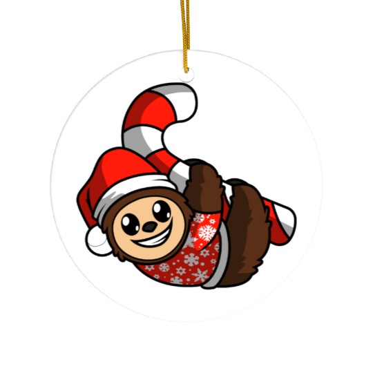 Merry Christmas Sloth Candy Cane Ceramic Ornaments