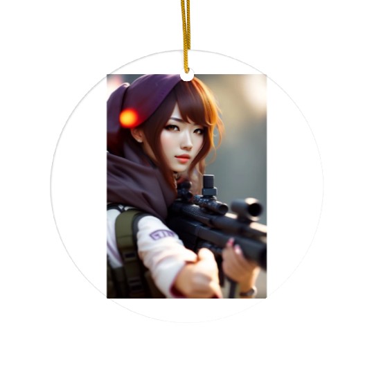 A beautiful girl with a gun Ceramic Ornaments