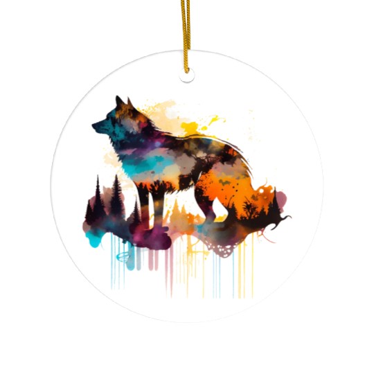 Mountain Wolf Multicolor Watercolor Portrait Ceramic Ornaments