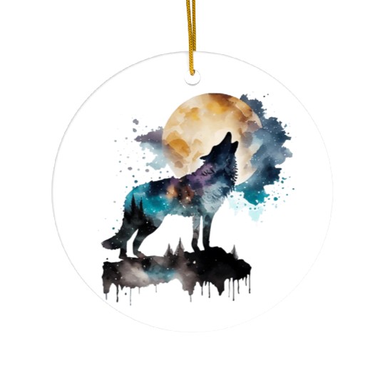 Mountain Wolf Multicolor Watercolor Portrait Ceramic Ornaments