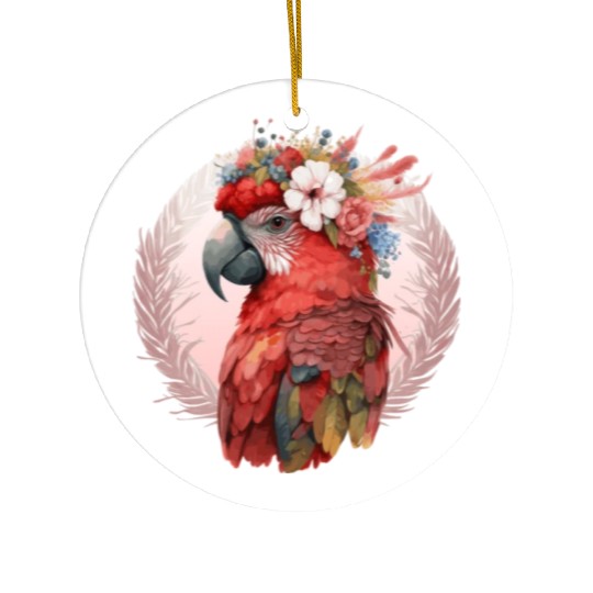Red Scarlet Macaw Flower Crown Parrot Watercolor B Ceramic Ornaments