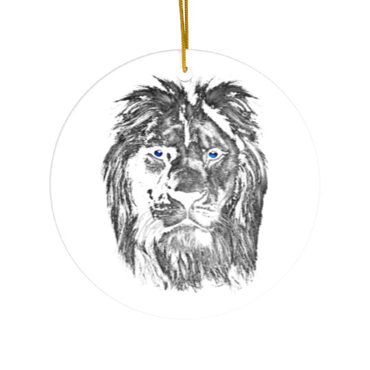 Black White Art Lion Head With Blue Eyes Ceramic Ornaments