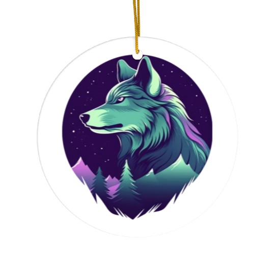 Starry Night Wolf With Northern Light Colors Ceramic Ornaments