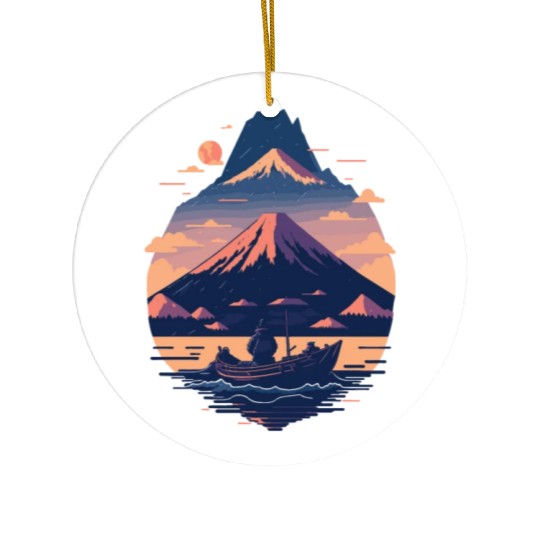 Serene Mount Fuji Sunset Peaceful River Scenery Ceramic Ornaments