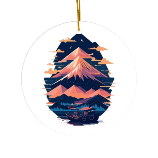 Serene Mount Fuji Sunset Peaceful River Scenery Ceramic Ornaments