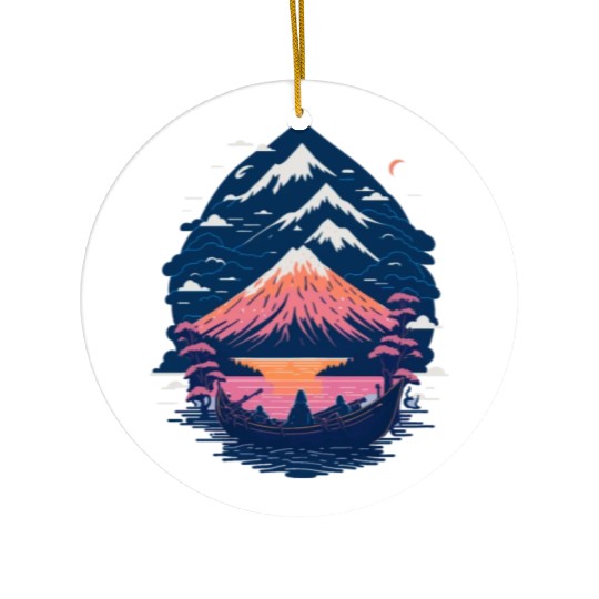 Serene Mount Fuji Sunset Peaceful River Scenery Ceramic Ornaments