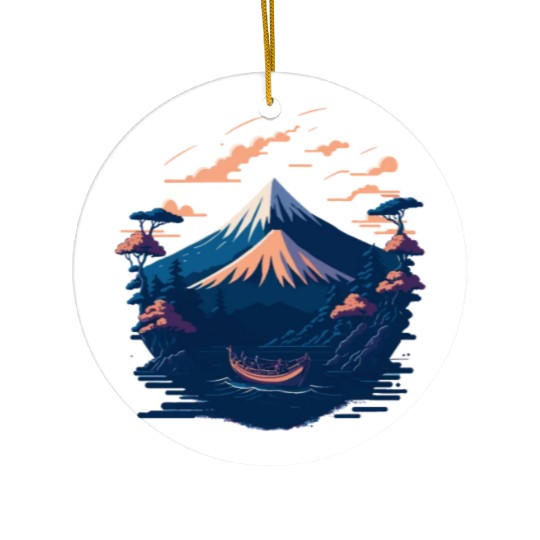 Serene Mount Fuji Sunset Peaceful River Scenery Ceramic Ornaments