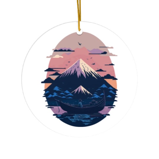 Serene Mount Fuji Sunset Peaceful River Scenery Ceramic Ornaments
