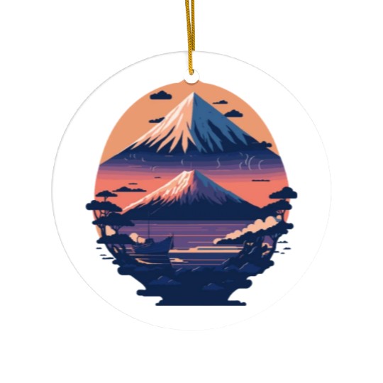 Serene Mount Fuji Sunset Peaceful River Scenery Ceramic Ornaments