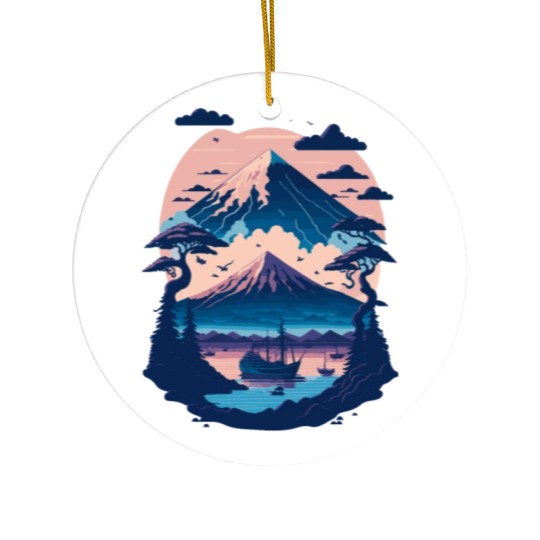 Serene Mount Fuji Sunset Peaceful River Scenery Ceramic Ornaments