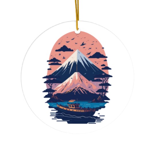 Serene Mount Fuji Sunset Peaceful River Scenery Ceramic Ornaments