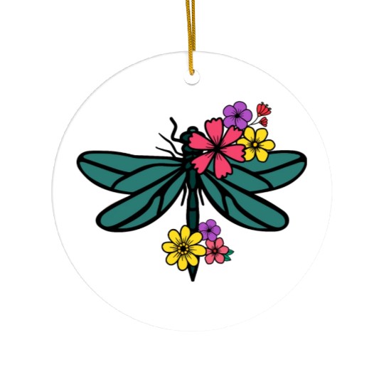 dragonfly with colorful flowers Ceramic Ornaments