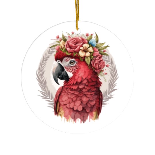 Scarlet Macaw Parrot Watercolor Bird Flower Crown Ceramic Ornaments