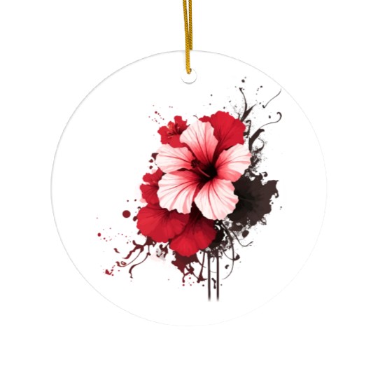 A red hibiscus flower ink drawing Ceramic Ornaments