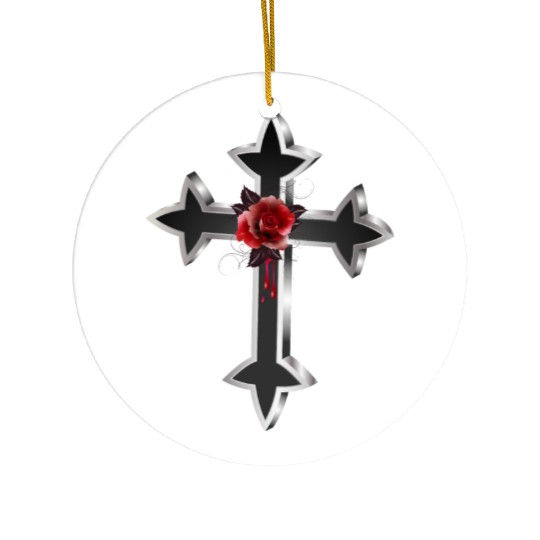 black silver colored gothic cross with red rose Ceramic Ornaments