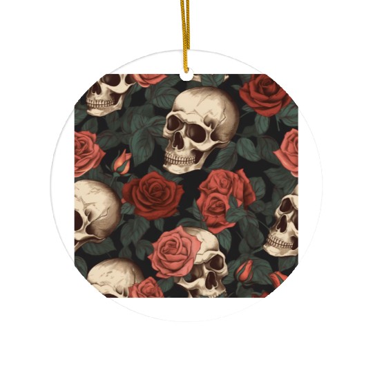 Dark Elegant Gothic Skulls & Red Roses Pattern Ceramic Ornaments