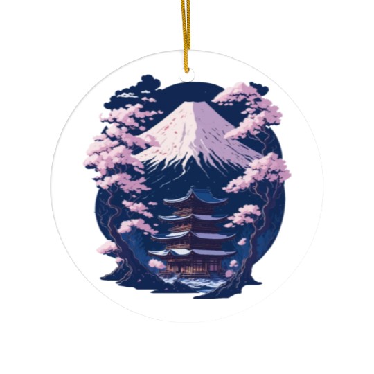 Mount Fuji and a Temple With Cherry Blossoms Ceramic Ornaments