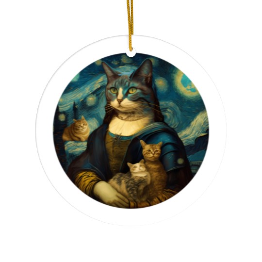 Mona Lisa With Cats Starry Night Van Gogh Painting Ceramic Ornaments
