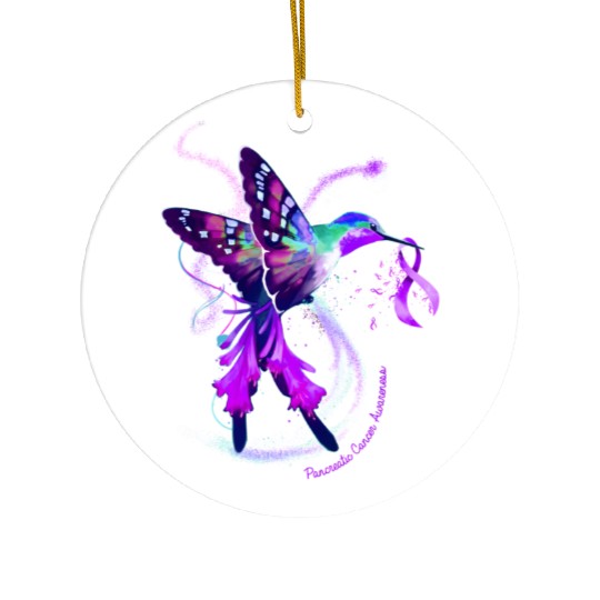 Hummingbird Purple Ribbon Pancreatic Cancer Ceramic Ornaments