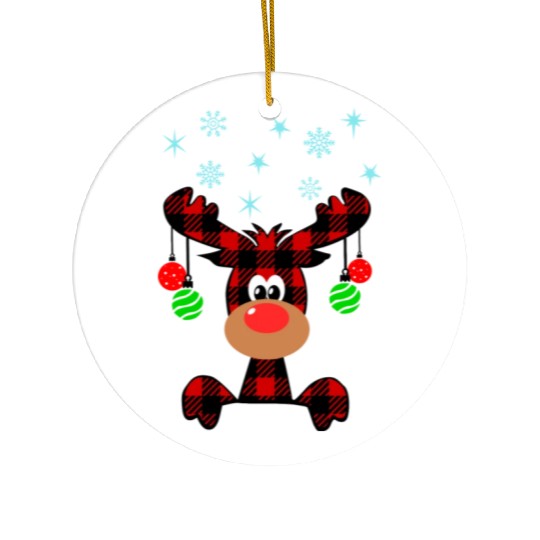 Christmas Deer Cute Red Buffalo Plaid Reindeer Ceramic Ornaments