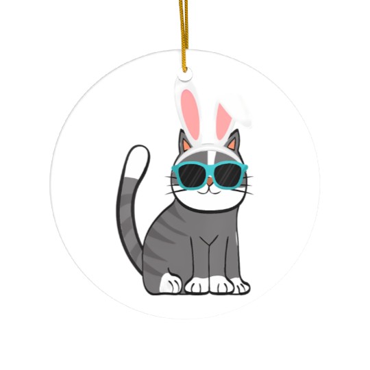 Happy Easter Cat With Bunny Ears And Glasses Ceramic Ornaments